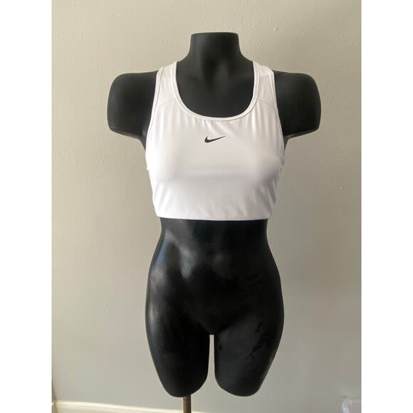 Nike Sports Bra Women’s Sz L White Black Swoosh Compression Sports Yoga Gym - Picture 1 of 5